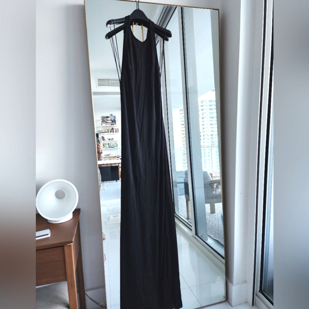 Alexis backless evening gown with gold adornment. Size M